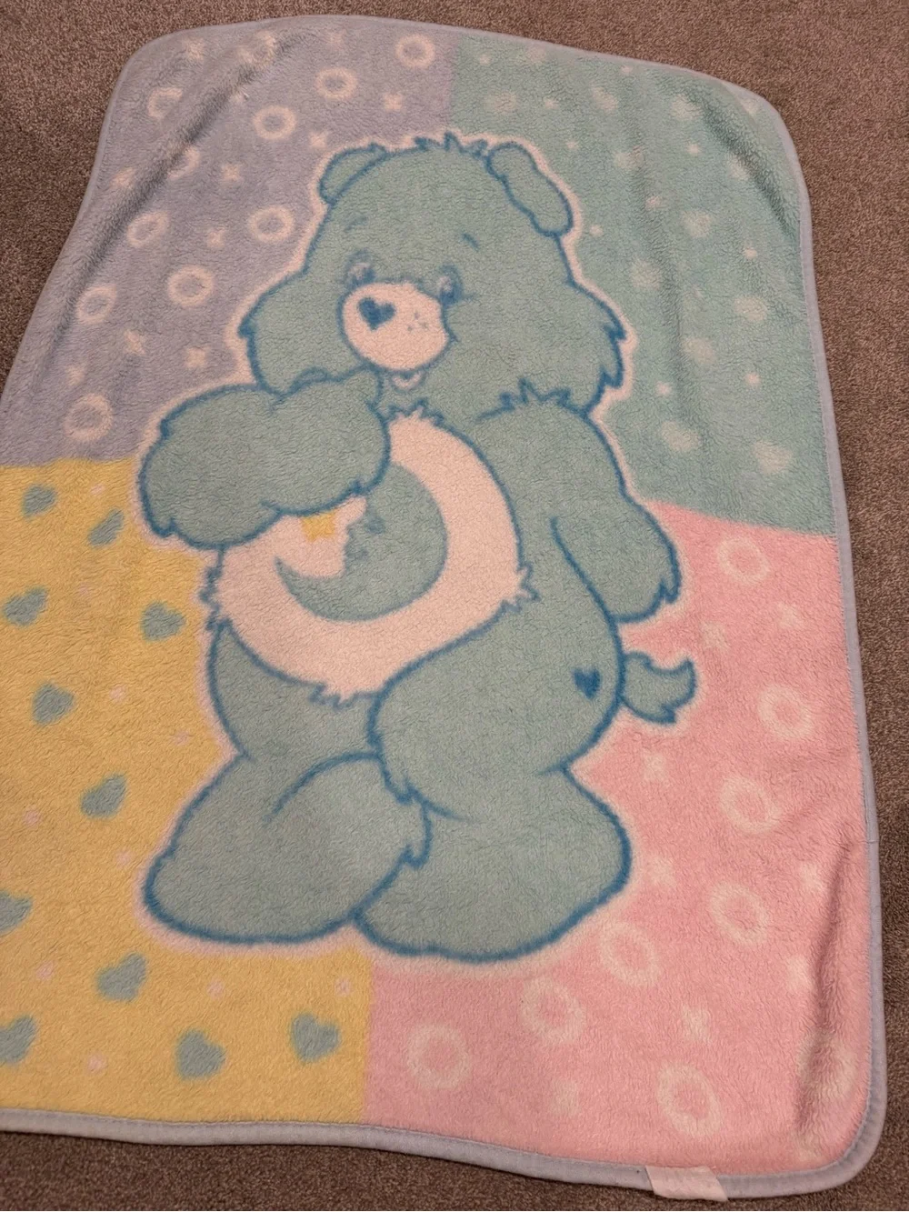 🐻💙VTG Care Bears Bedtime Bear Pink Yellow & Blue Print Plush Baby Throw Blanket